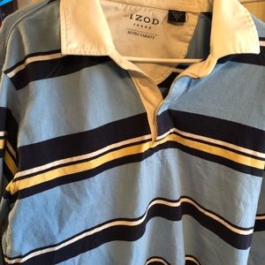 Izod rugby shirt, light blue, navy, white and yellow horizontal stripes. Large.